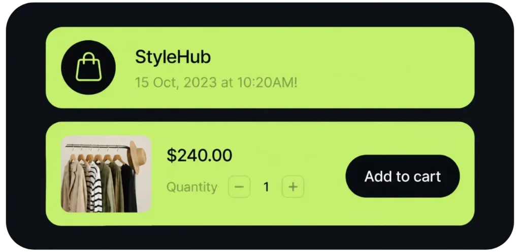 Dhumi shopping interface showing a StyleHub clothing product priced at $240 with quantity controls and an Add to Cart button.