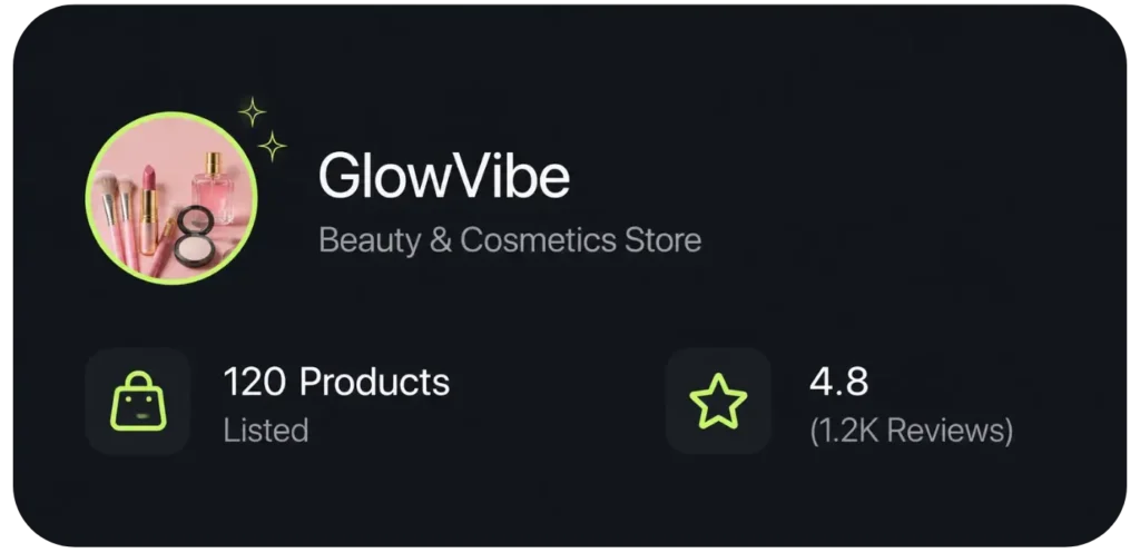 Dhumi GlowVibe beauty and cosmetics store profile showing 120 listed products and a 4.8 rating from 1.2K reviews.