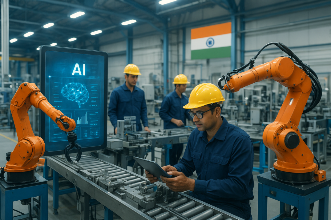 Indian manufacturing workers using AI-powered robotic arms and digital screens for smart factory automation.