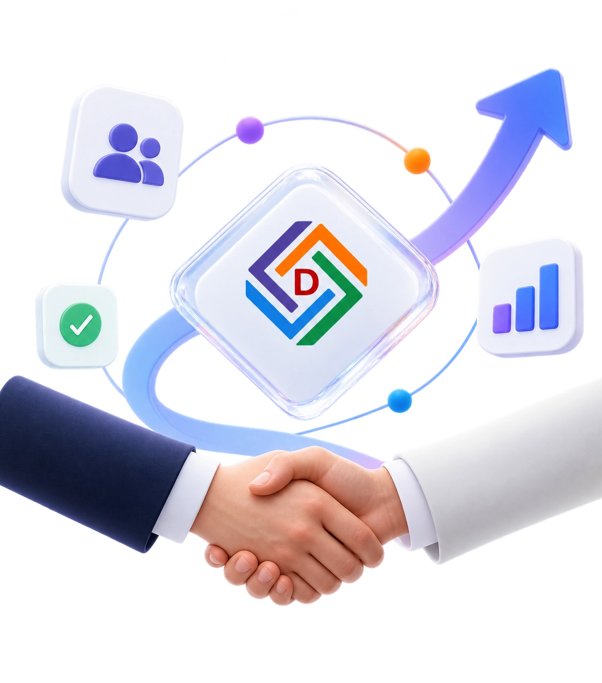 Business partnership handshake with connected icons representing teamwork, growth, performance, and successful collaboration.