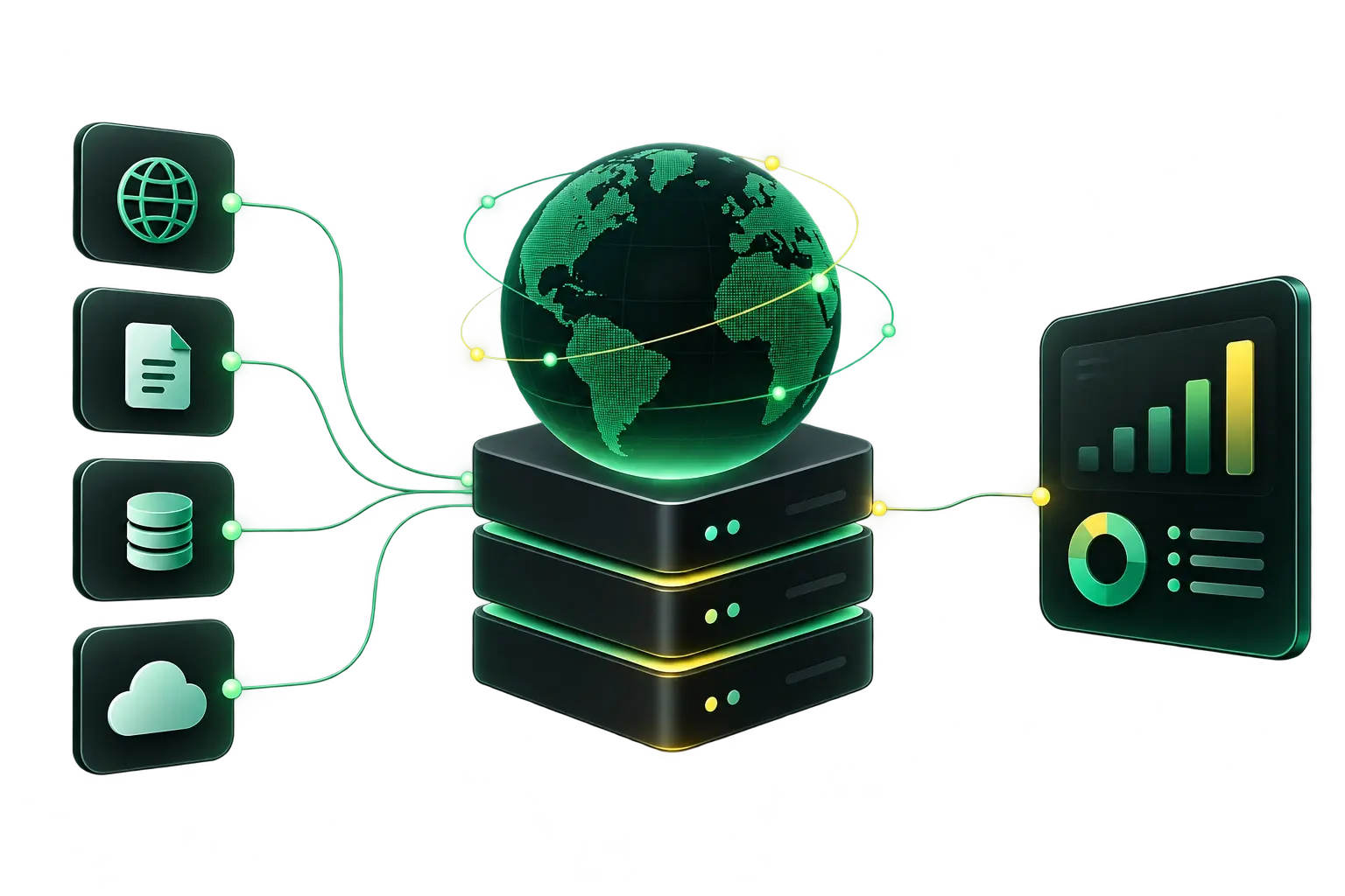 Digital diagram by dhumi showing data inputs feeding into a central server and globe, displaying on a bar chart dashboard.