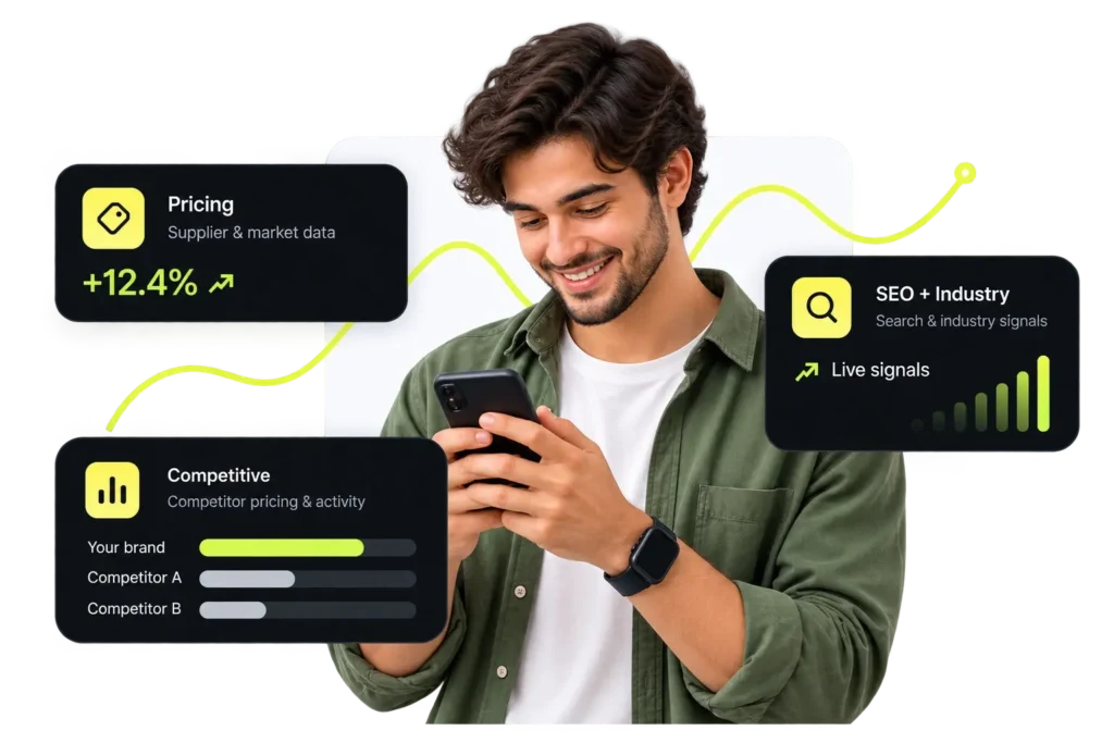 Graphic by dhumi of a man holding a phone with dark-mode analytics cards displaying market data, competitor pricing, and live SEO signals.