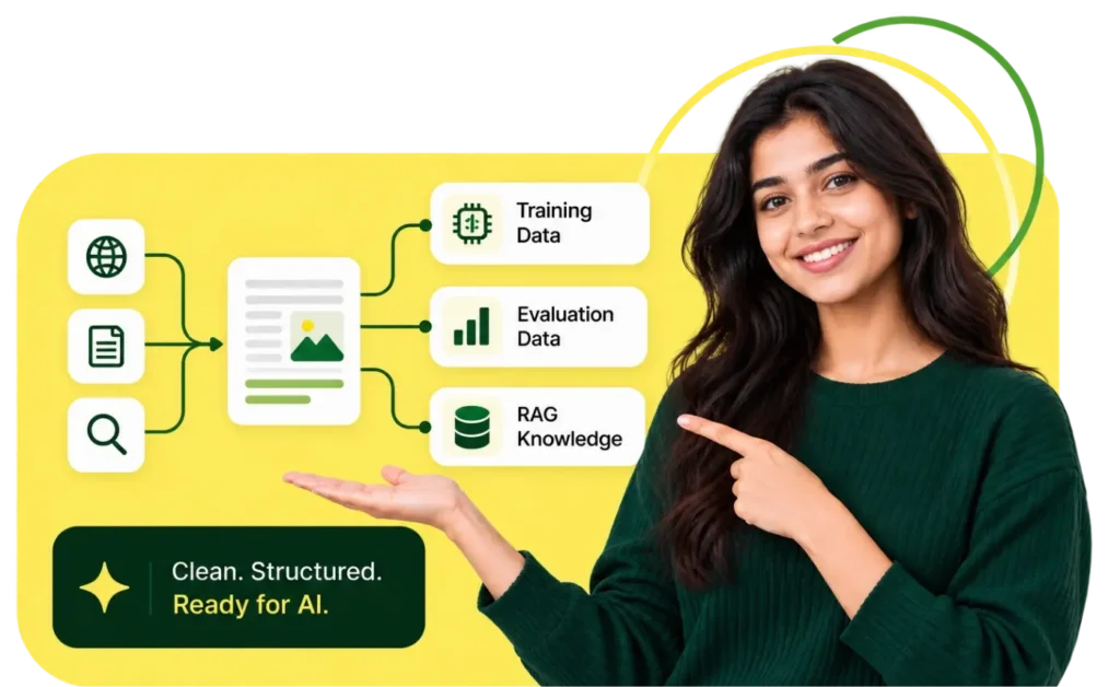 Illustration by dhumi featuring a woman pointing to an AI data flow chart labeled "Clean. Structured. Ready for AI."