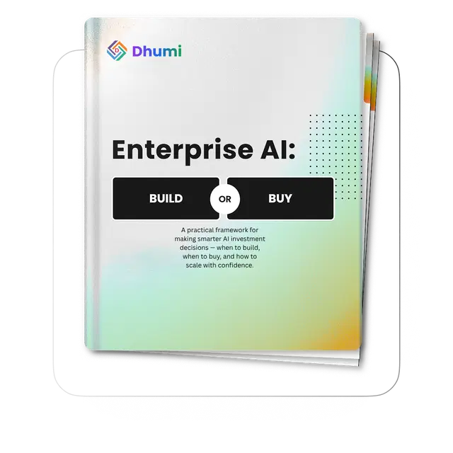 Dhumi guide titled “Enterprise AI: Build or Buy” explaining how to make AI investment decisions.